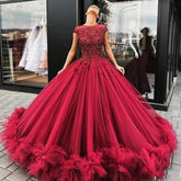 Burgundy Tulle Prom Dress Ball Gown, Beaded Long Formal Evening Gown